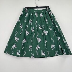 ModCloth Lemur Print A-Line Skirt Womens Small Green White Cute Funky Zoo Quirky